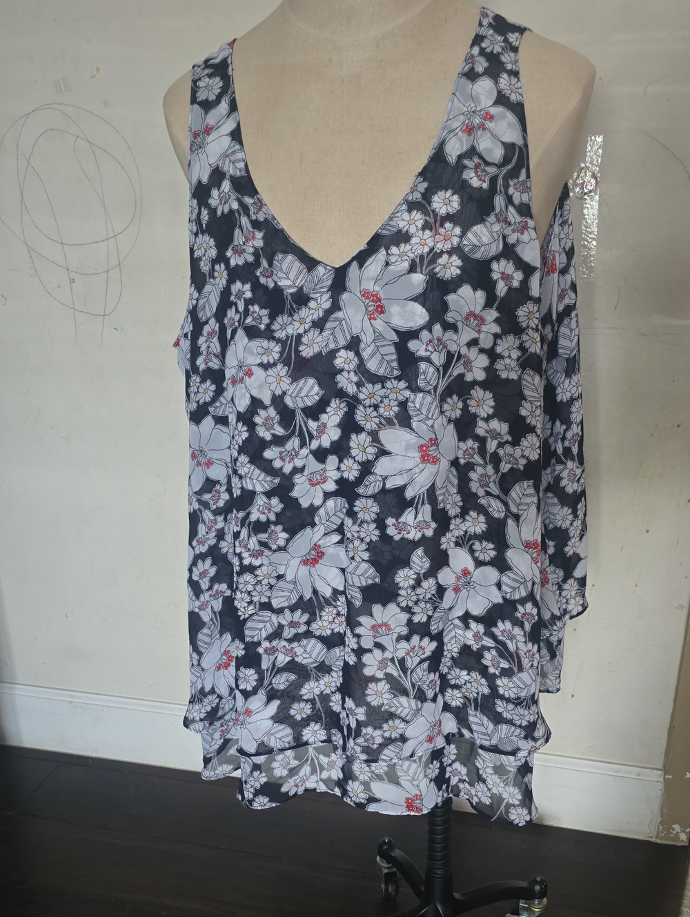 Lane Bryant Black and White Floral Top with Yellow Accents